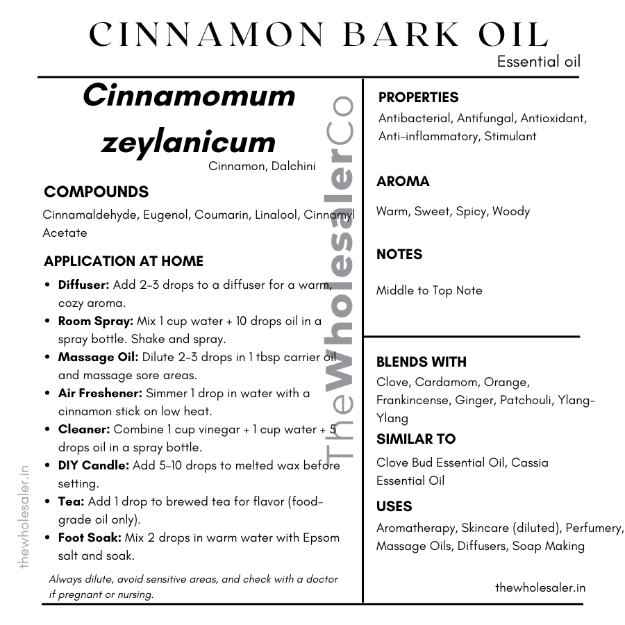 Cinnamomum zeylanicum bark essential oil with common name, active compounds, properties,aroma, notes,blends with, similar to and uses of Cinnamon Bark Oil essential oil